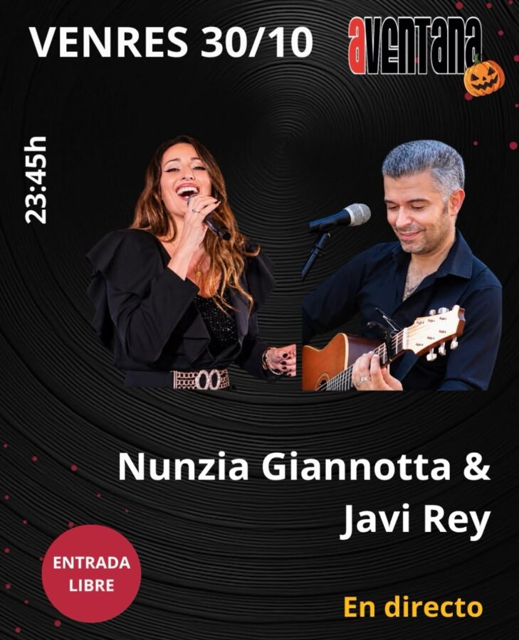 Cartel del concierto de Nunzia Giannotta y Javi Rey en A Ventana, Laxe, el 30 de octubre de 2026 a las 23:45, con entrada libre.