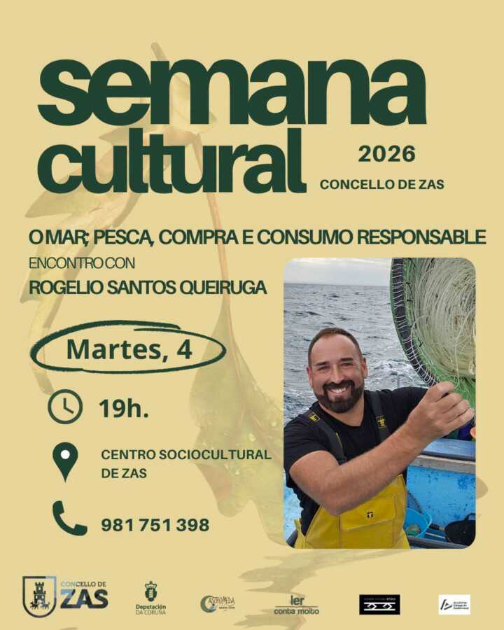 Cartel del encuentro O mar: pesca, compra e consumo responsable con Rogelio Santos Queiruga en Zas