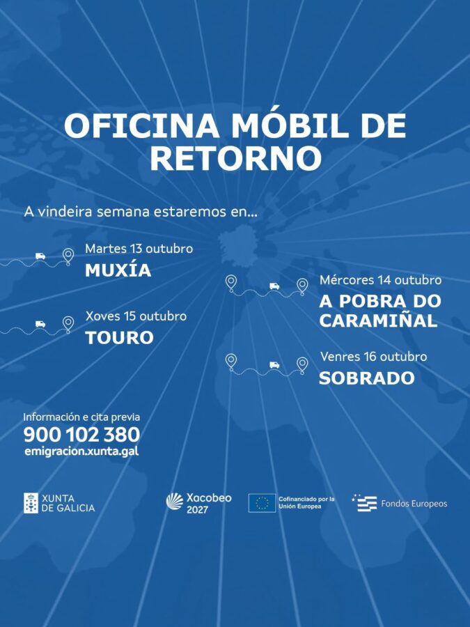 Cartel da Oficina Móbil de Retorno da Xunta de Galicia en Muxía o 13 de outubro de 2026