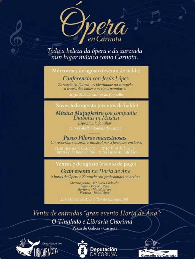 Cartel de Ópera en Carnota con actividades de ópera y zarzuela del 5 al 7 de agosto