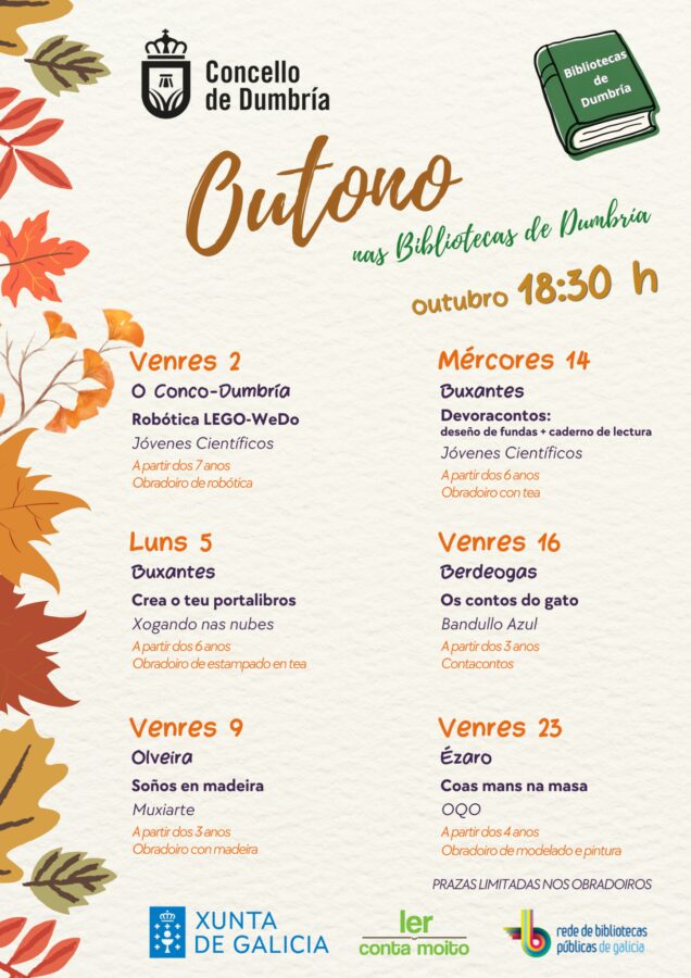 Cartel de Outono nas Bibliotecas de Dumbría 2026 con actividades de outubro nas bibliotecas municipais