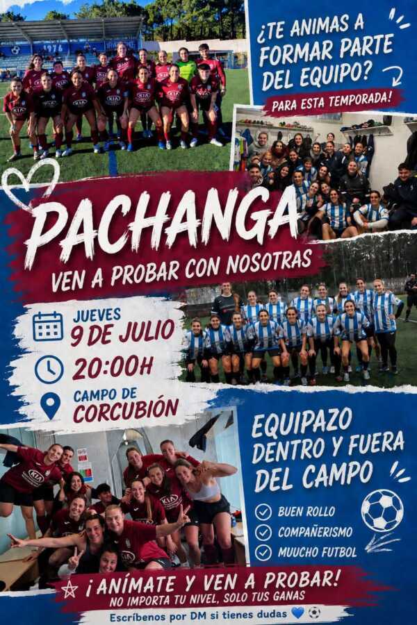 Cartel de la pachanga y jornada de prueba de fútbol femenino en Corcubión, el jueves 9 de julio de 2026 a las 20:00 horas.
