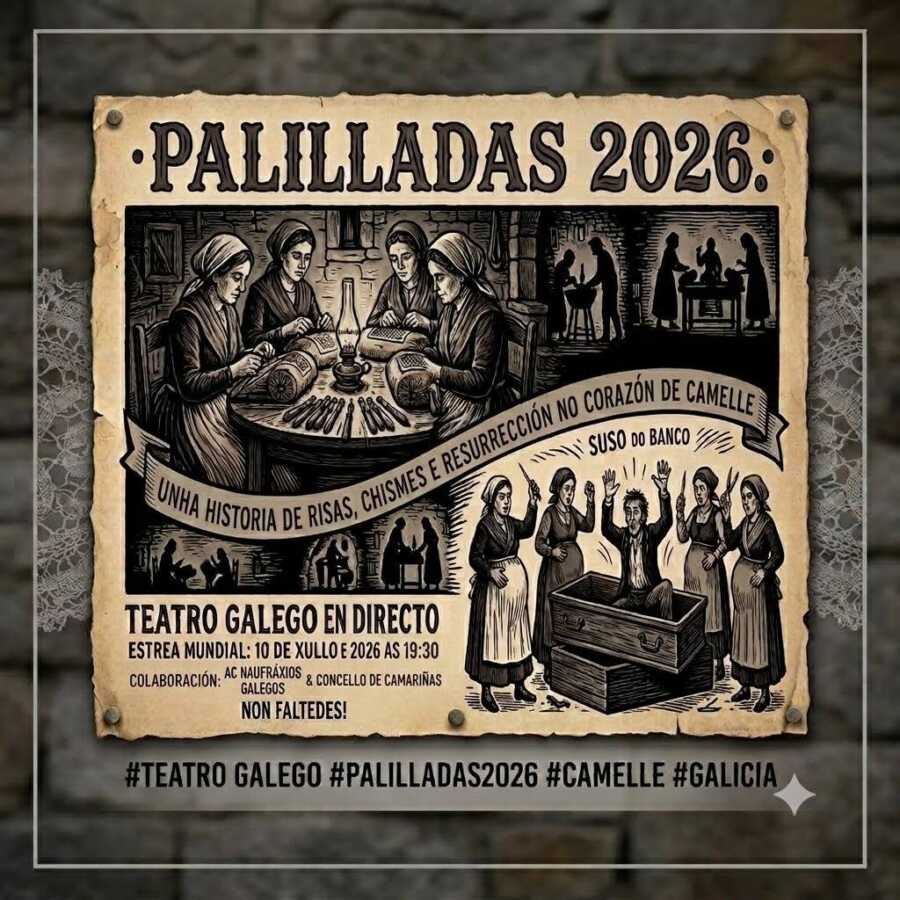 Cartel de Palilladas 2026, obra de teatro gallego en directo en Camelle