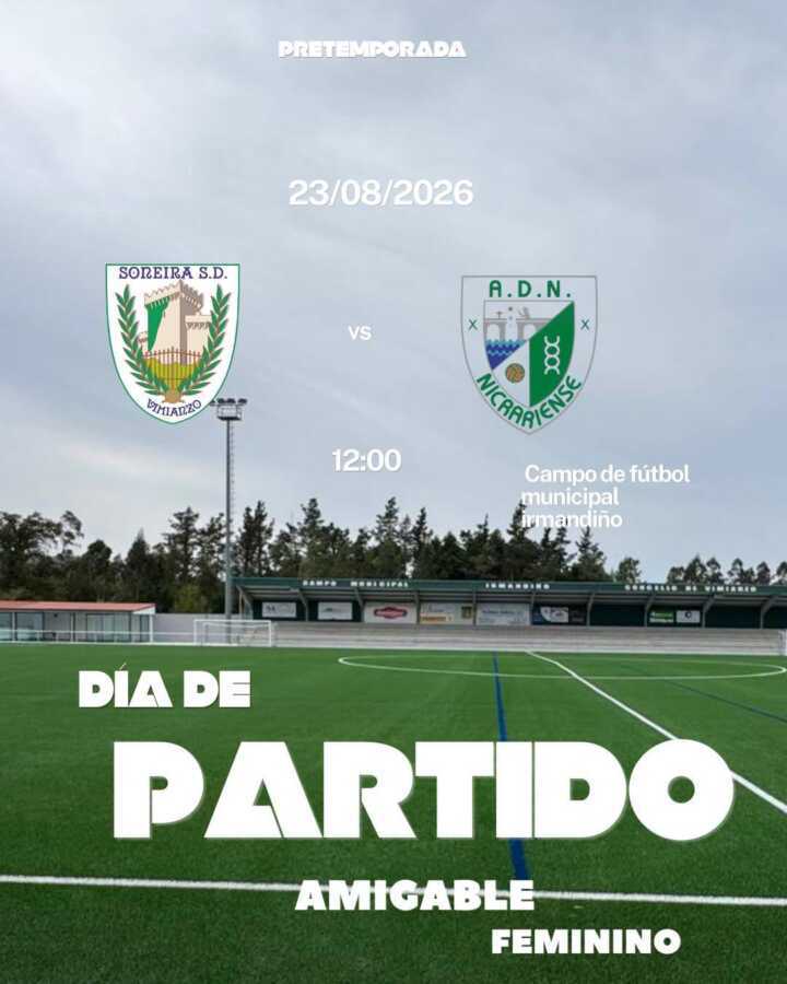 Cartel del partido amistoso femenino Soneira SD vs ADN Nicrariense en Vimianzo, 23 de agosto de 2026