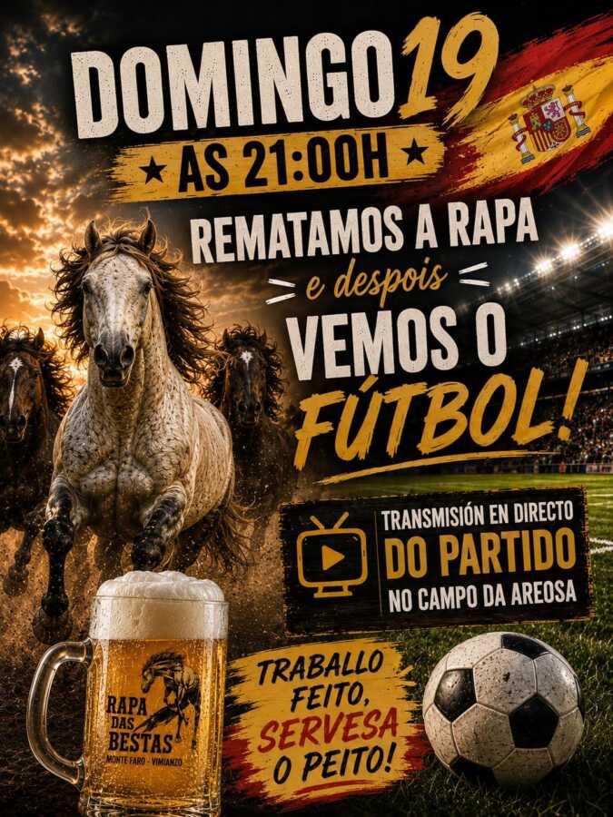 Cartel de la retransmisión en directo de un partido de fútbol el 19 de julio de 2026 en el Campo da Areosa, Vimianzo