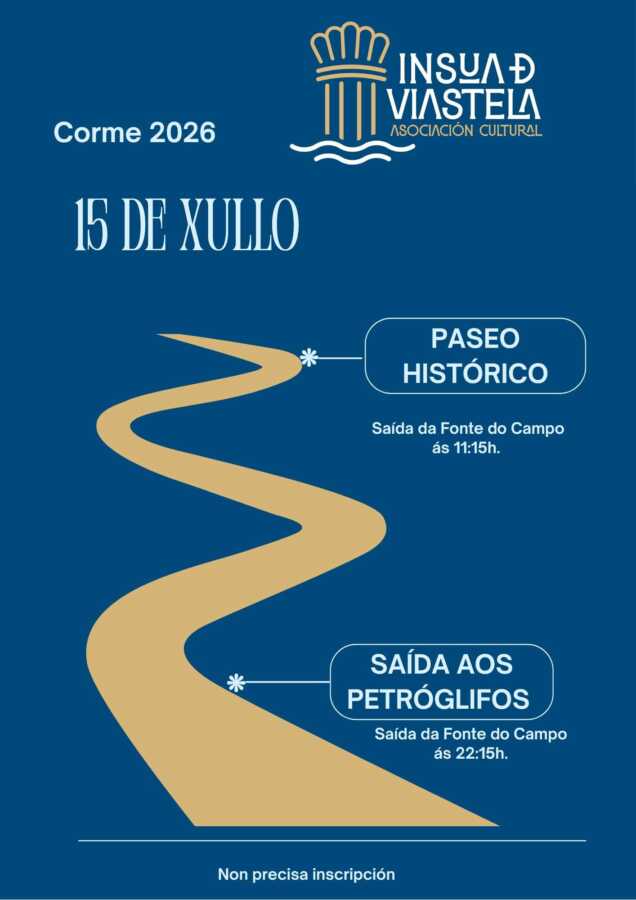 Cartel de los paseos históricos de Corme 2026, el 15 de julio, con salidas desde la Fonte do Campo