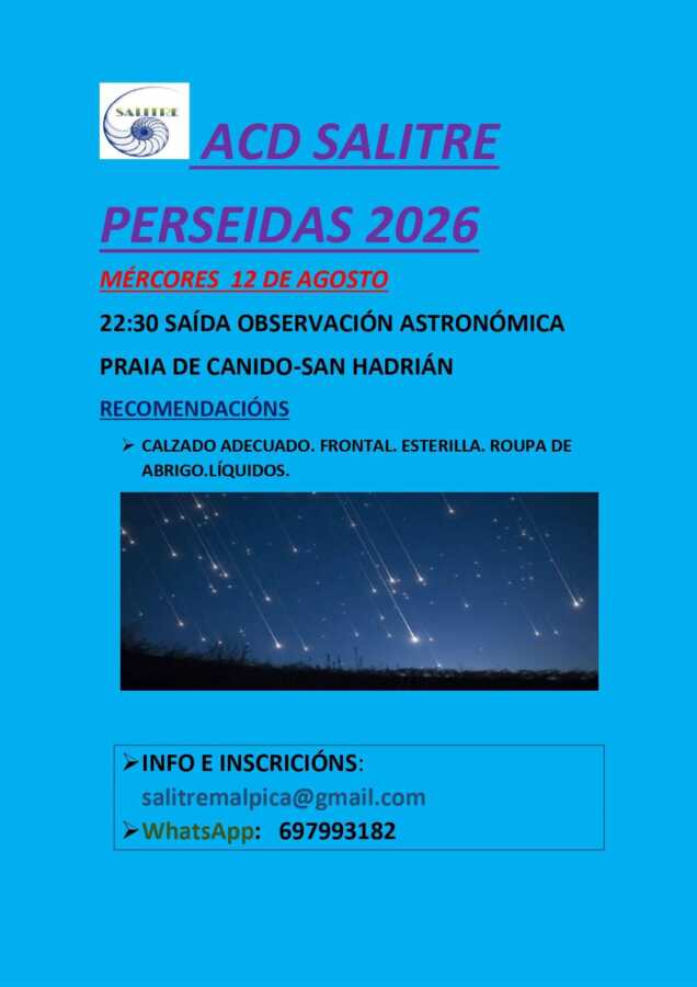 Cartel de Perseidas 2026 de ACD Salitre en la playa de Canido-San Hadrián, Malpica