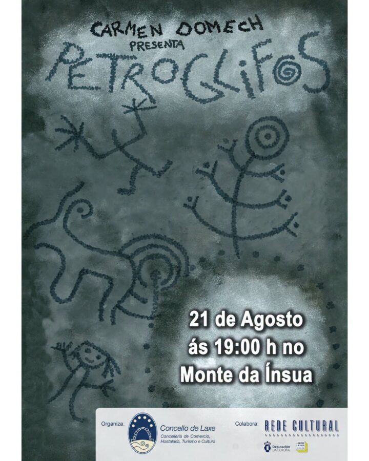 Cartel del evento Petróglifos no Monte da Ínsua, presentado por Carmen Domech en Laxe el 21 de agosto de 2026.