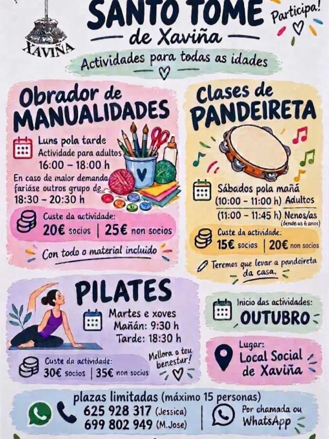 Cartel das actividades de pilates, pandeireta e manualidades da Asociación Santo Tomé de Xaviña en Coristanco