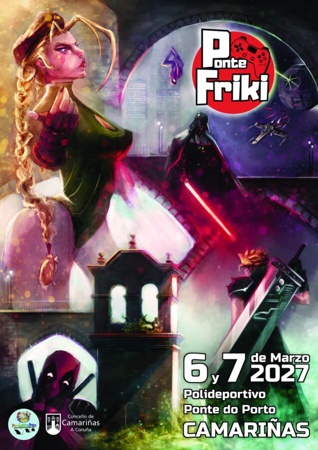 Cartel oficial de Ponte Friki 2027, ilustrado por Javier Villa Blanco, para o 6 e 7 de marzo no pavillón da Ponte do Porto, Camariñas