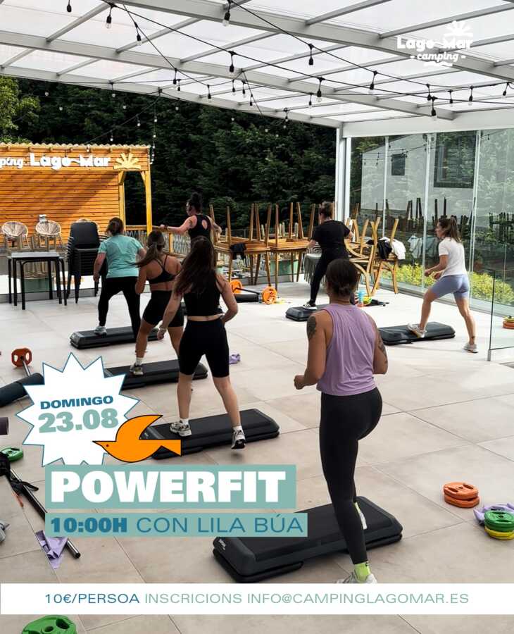 Cartel de la sesión de Powerfit con Lila Búa en Camping Lago-Mar, Muxía, el 23 de agosto de 2026