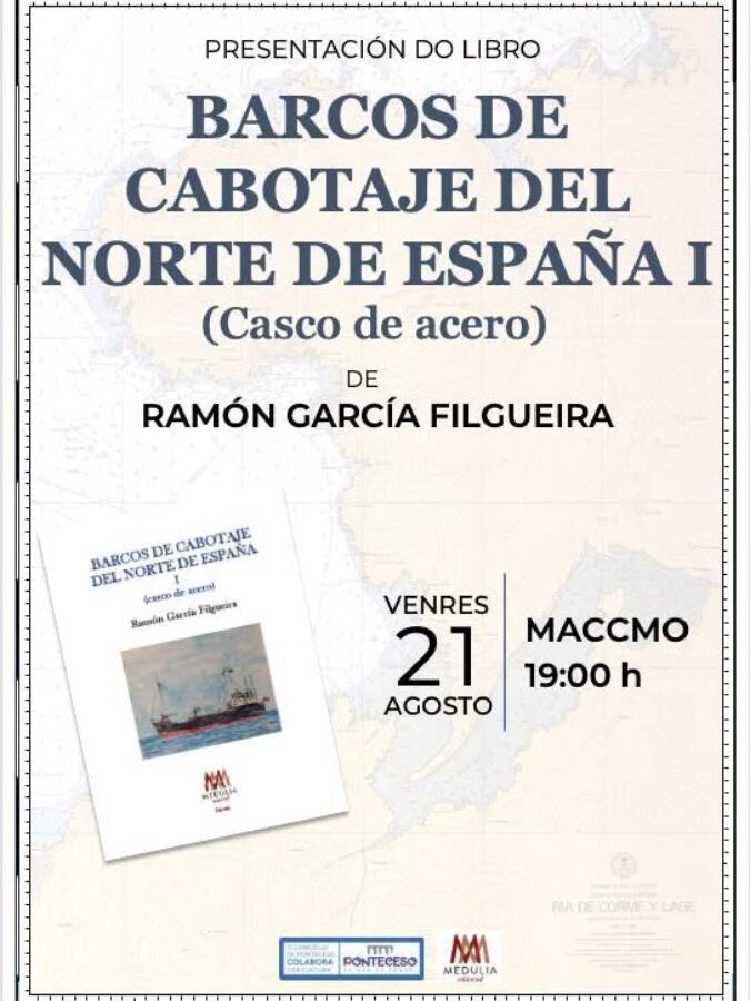 Cartel da presentación do libro Barcos de cabotaje del norte de España I, de Ramón García Filgueira, no MACCMO de Corme