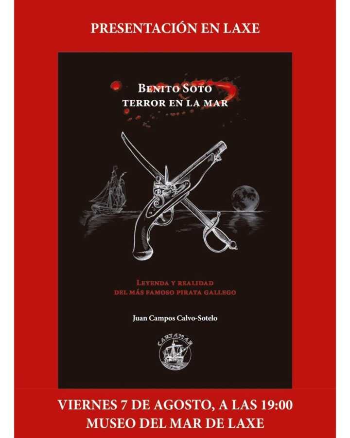 Cartel de la presentación del libro Benito Soto. Terror en la Mar en el Museo do Mar de Laxe, el 7 de agosto de 2026
