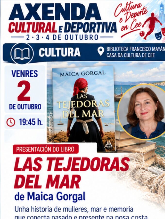 Cartel de la presentación del libro Las tejedoras del mar de Maica Gorgal en Cee