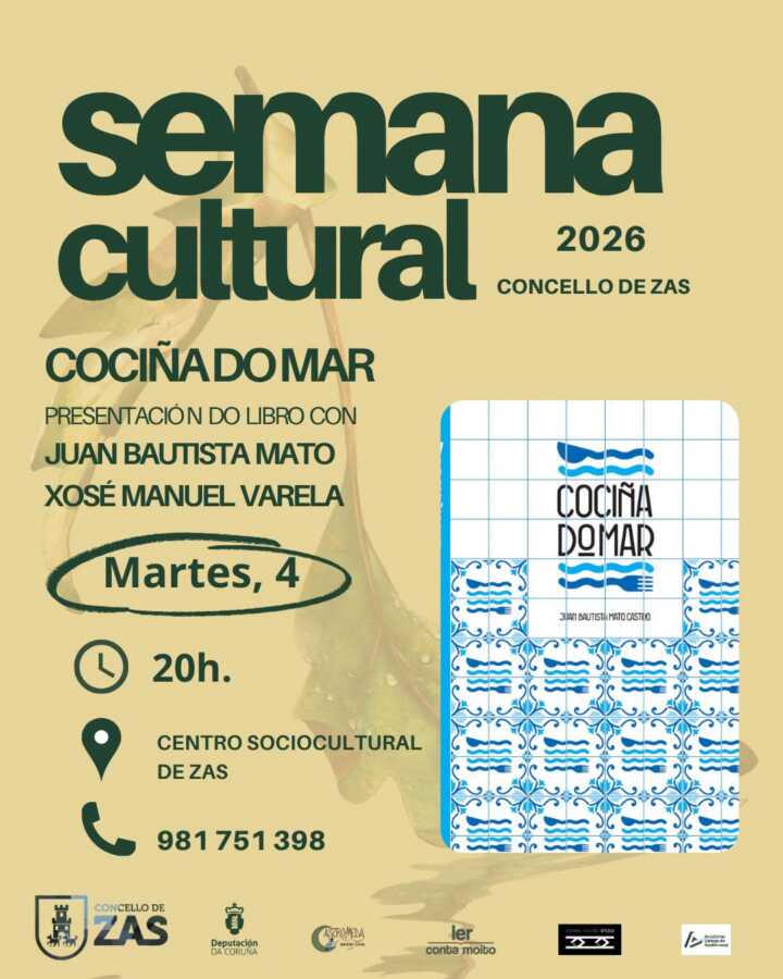 Cartel de la presentación del libro Cociña do mar con Juan Bautista Mato y Xosé Manuel Varela en Zas