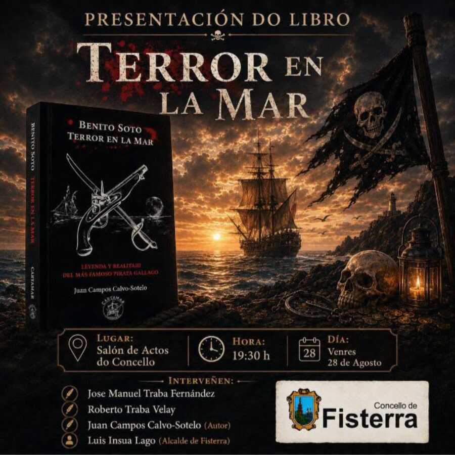 Cartel de la presentación del libro Terror en la mar de Benito Soto en Fisterra, 28 de agosto de 2026