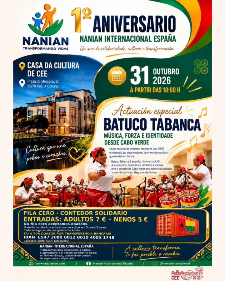 Cartel do primeiro aniversario de Nanian Internacional España en Cee, o 31 de outubro de 2026, coa actuación de Batuco Tabanca.