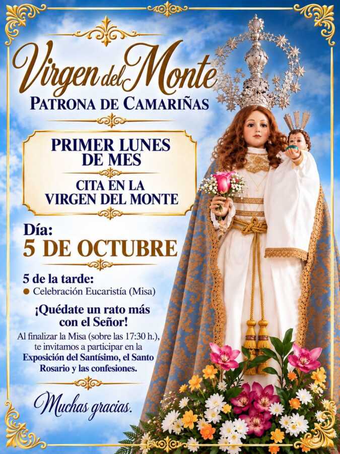 Cartel de la cita del primer lunes de octubre con la Virgen del Monte en Camariñas, 5 de octubre de 2026