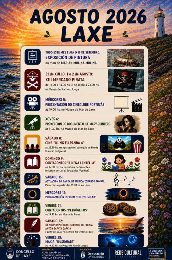 Cartel del programa cultural de agosto de 2026 en Laxe, con actividades entre el 31 de julio y el 19 de septiembre.