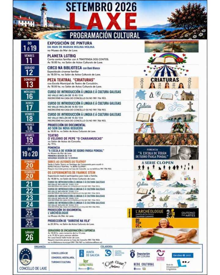 Cartel da programación cultural de Laxe en setembro de 2026