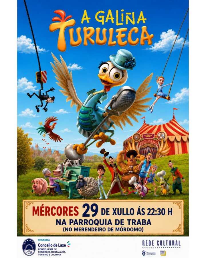 Cartel de la proyección de A Galiña Turuleca en Traba, Laxe, el 29 de julio de 2026 a las 22:30 horas