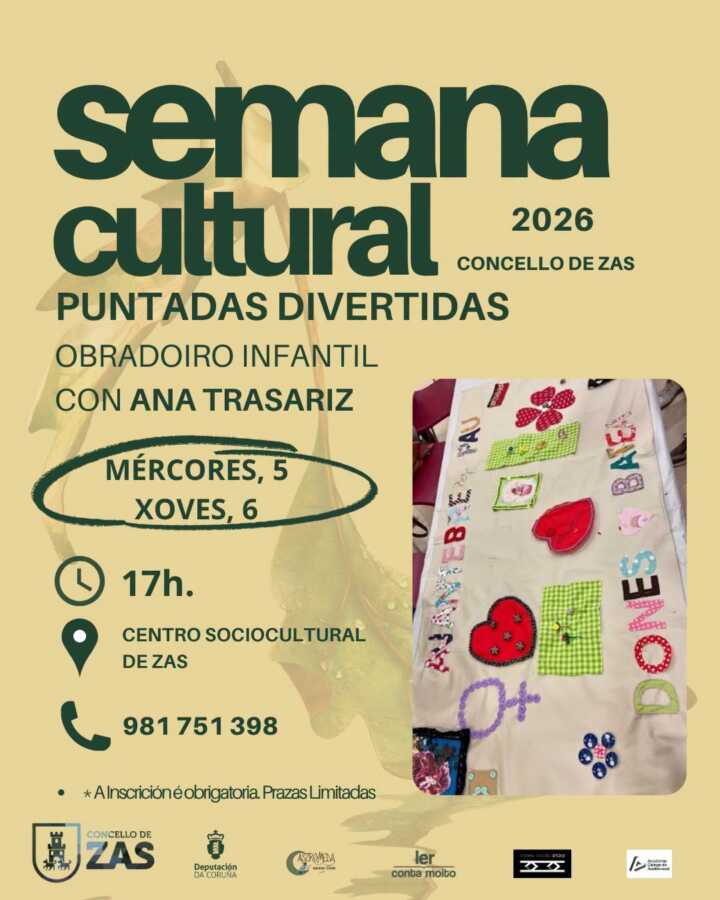 Cartel del taller infantil Puntadas divertidas en Zas