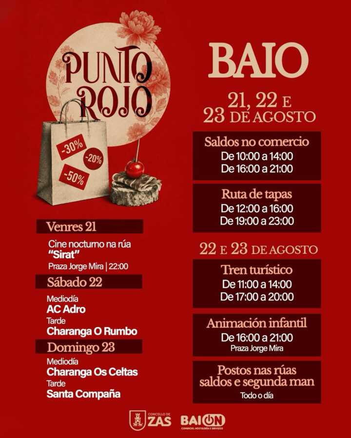 Cartel de Punto Rojo Baio 2026, con saldos, ruta de tapas, cine, tren turístico y animación del 21 al 23 de agosto en Baio
