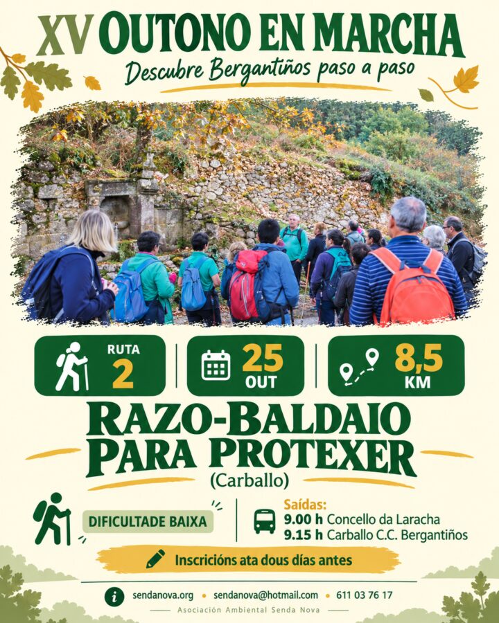 Razo-Baldaio para Protexer: andaina de 8,5 km en Carballo o 25 de outubro de 2026, XV Outono en Marcha.