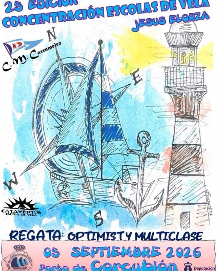 Cartel de la 25ª Concentración de Escolas de Vela Jesús Elorza y regata Optimist y multiclase en Corcubión, 5 de septiembre de 2026.
