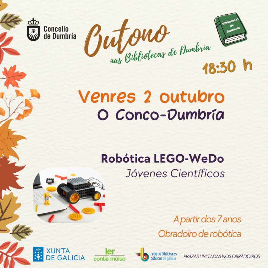 Cartel de Robótica LEGO-WeDo en la Biblioteca do Conco de Dumbría, 2 de octubre de 2026 a las 18:30