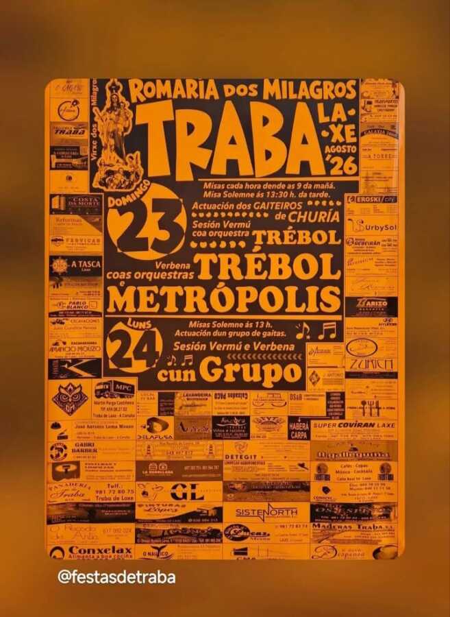 Cartel de la Romaría dos Milagros de Traba, en Laxe, los días 23 y 24 de agosto de 2026