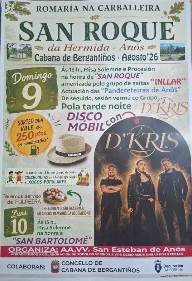 Cartel de la Romaría na Carballeira de San Roque da Hermida en Anós, Cabana de Bergantiños, los días 9 y 10 de agosto de 2026