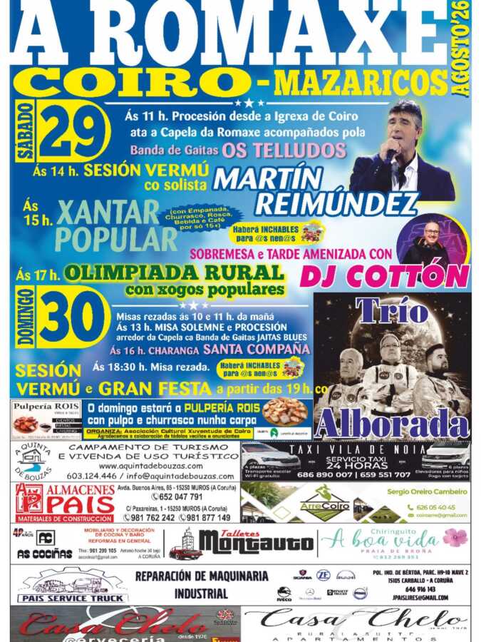 Cartel de A Romaxe de Coiro 2026 en Mazaricos, con el programa de los días 29 y 30 de agosto