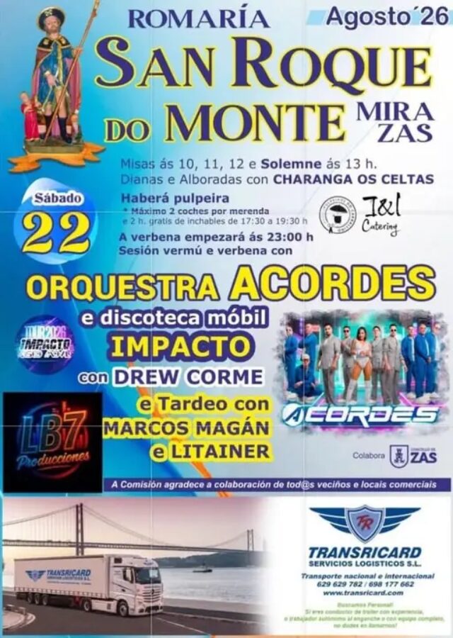 Cartel de la Romaría de San Roque do Monte Mira 2026 en Zas, el 22 de agosto