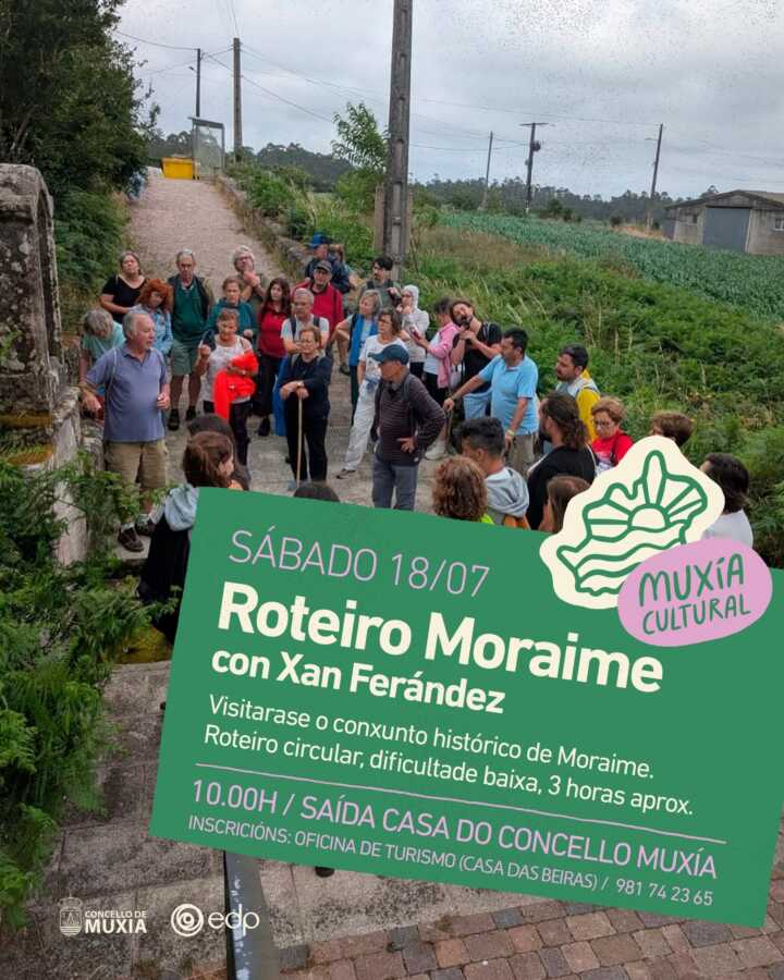 Cartel del Roteiro Moraime con Xan Fernández, una ruta cultural por el conjunto histórico de Moraime