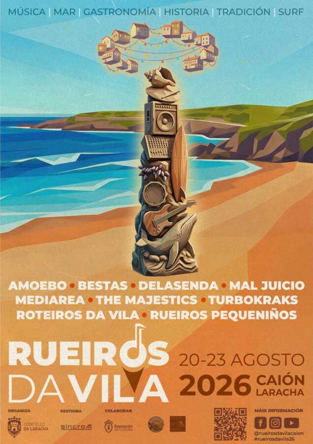 Cartel de Rueiros da Vila 2026 en Caión, A Laracha, del 20 al 23 de agosto, con música, mar, gastronomía, historia, tradición y surf.