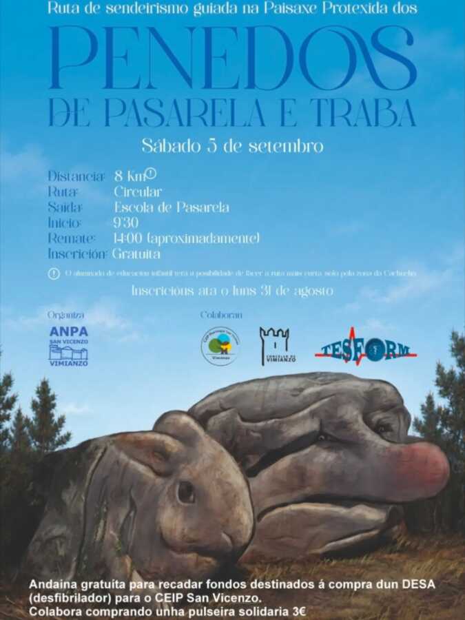 Cartel da ruta de sendeirismo guiada Penedos de Pasarela e Traba, o 5 de setembro, con saída da Escola de Pasarela