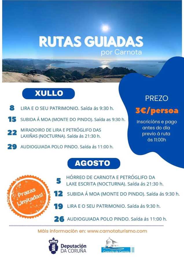 Cartel del programa de rutas guiadas por Carnota en julio y agosto de 2026, con itinerarios por Lira, Monte do Pindo, petroglifos y patrimonio local.