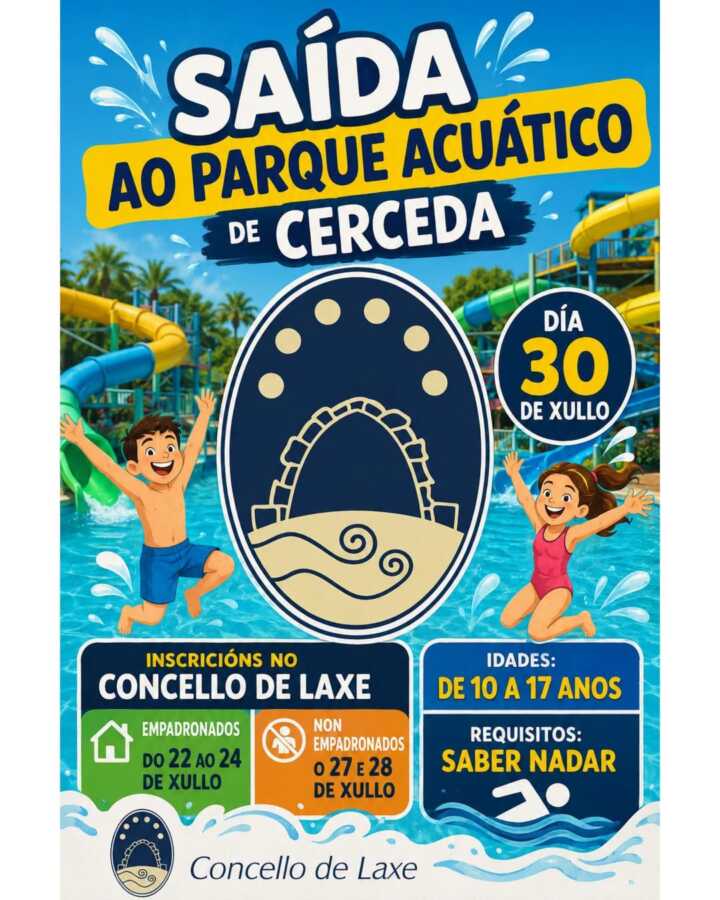 Cartel de la salida al Parque Acuático de Cerceda organizada por el Concello de Laxe para jóvenes de 10 a 17 años