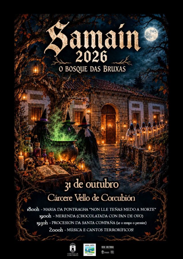 Cartel del Samaín 2026 O Bosque das Bruxas en el Cárcere Vello de Corcubión el 31 de octubre