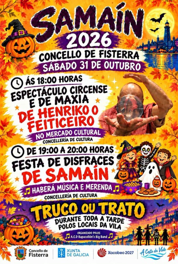Cartel del Samaín 2026 en Fisterra: magia, fiesta de disfraces y truco o trato el 31 de octubre