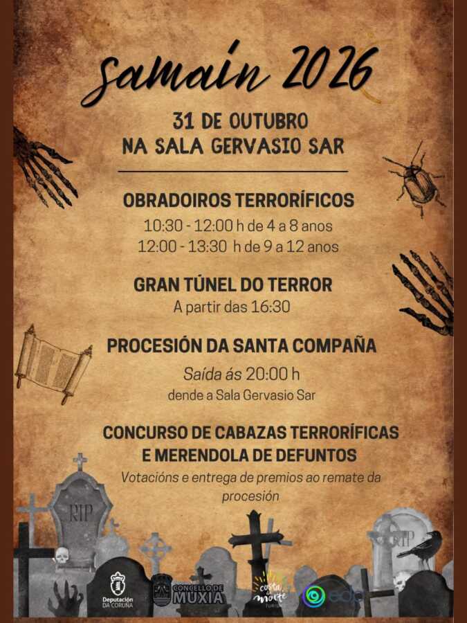 Cartel de Samaín 2026 en Muxía: obradoiros, túnel do terror, procesión da Santa Compaña e concurso de cabazas o 31 de outubro.
