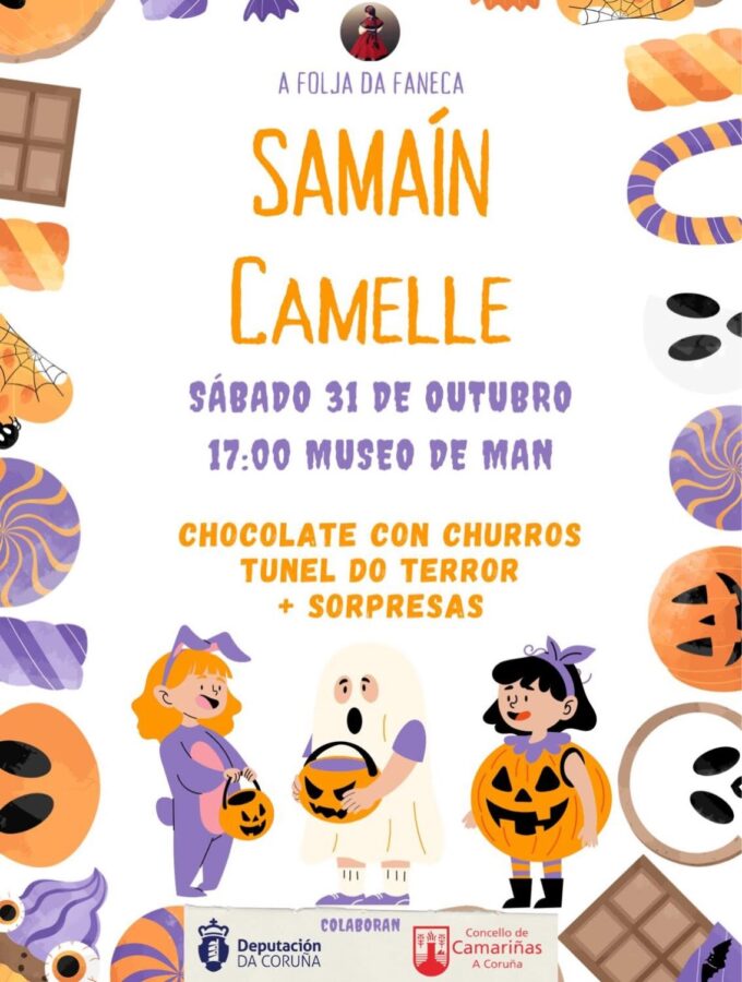 Cartel do Samaín 2026 en Camelle organizado por A Folja da Faneca: chocolate con churros e túnel do terror o 31 de outubro.