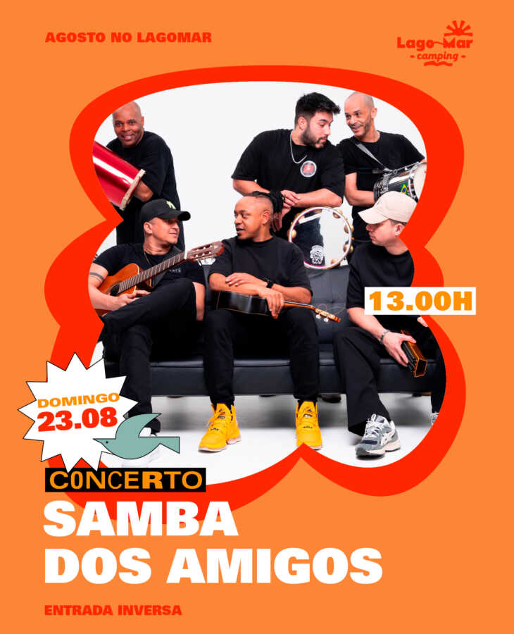 Cartel del concierto de Samba dos Amigos en Camping Lago-Mar el domingo 23 de agosto de 2026