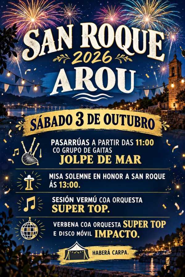 Cartel de las fiestas de San Roque 2026 en Arou, Camariñas