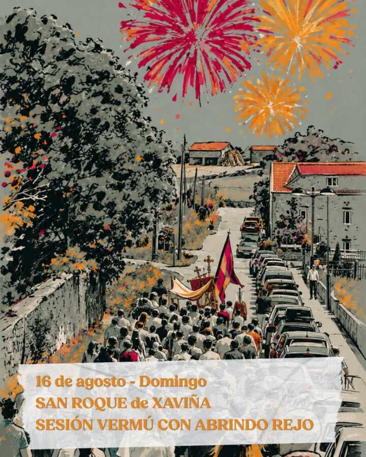 Cartel de la celebración de San Roque de Xaviña con sesión vermú de Abrindo Rejo
