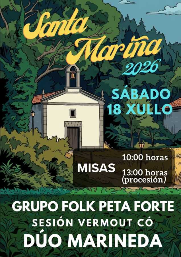 Cartel de la celebración de Santa Mariña 2026 en Santa Mariña, Muxía, con misas, procesión y música
