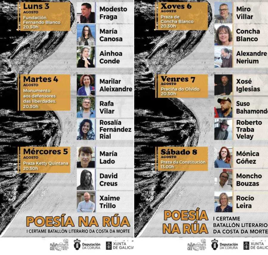 Cartel de la Semana Grande de la Poesía en Cee 2026, con el programa de seis recitales poéticos del 3 al 8 de agosto