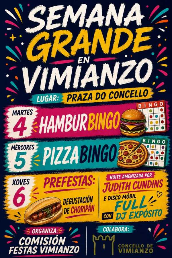 Cartel de la Semana Grande de Vimianzo 2026 con Hamburbingo, Pizzabingo y Prefestas en la Praza do Concello