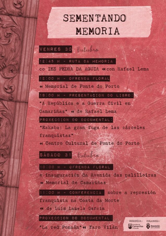 Cartel de Sementando Memoria, actividades de memoria histórica en Camariñas los días 30 y 31 de octubre de 2026